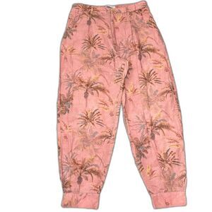 Zara Linen Cotton Palm Print Tapered‎ Pants Pink Tropical High Rise US Size 6